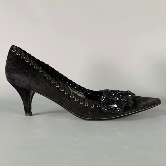 PRADA Size 7.5 Black Suede Beaded Embellishment Heels Pumps - Picture 2 of 9